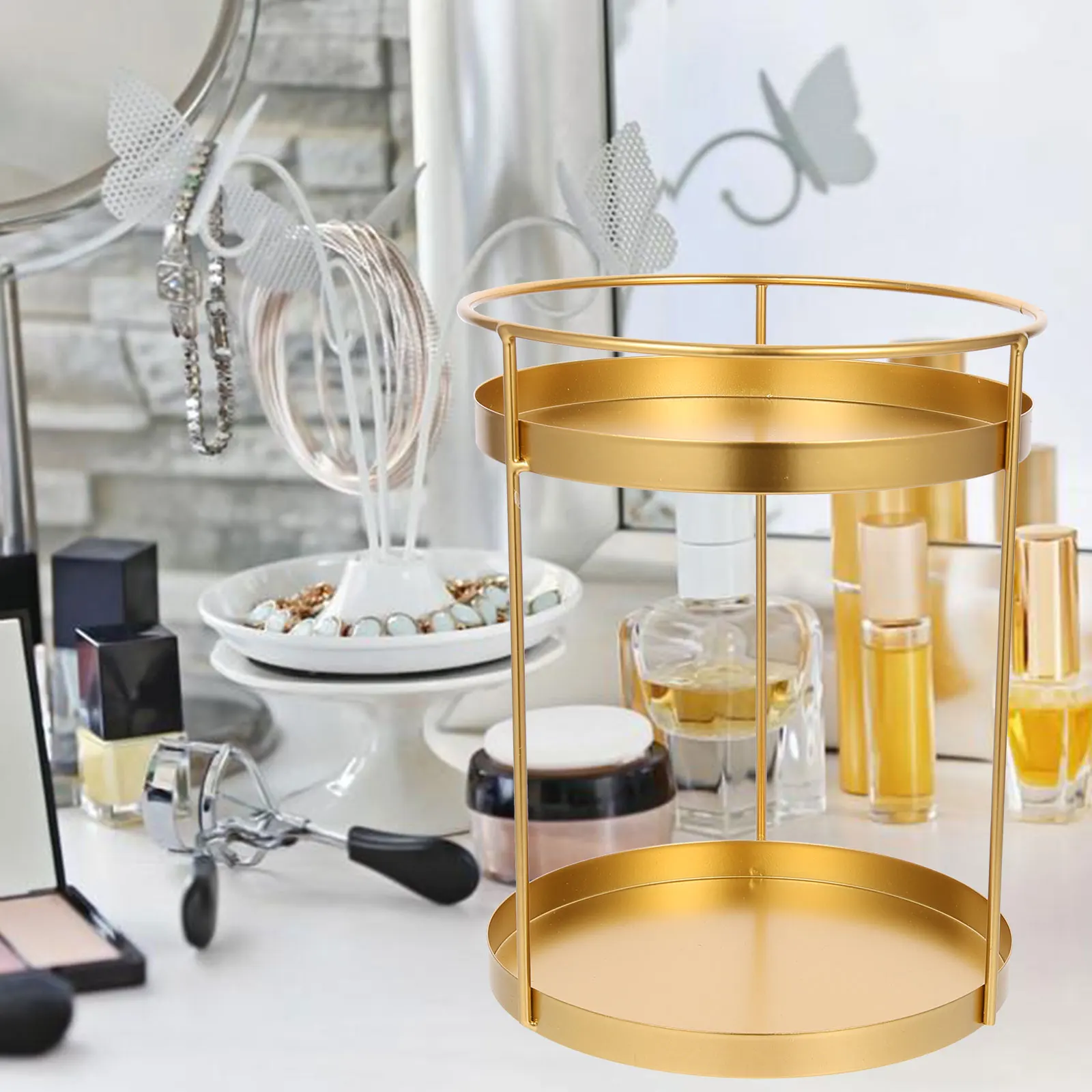 

Double Layer Circular Storage Box Makeup Rack Desktop Organizer Vanity Tray Sundries Condiment Holder Iron Material Durable Home
