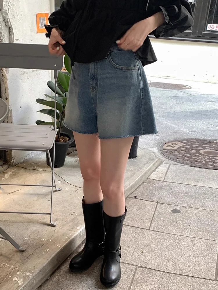 orts Vaqueros Retro de Cintura Alta y Pierna Ancha, Estilo Vintage do, con Parches Deilachados, Versátiles, Estilo Ve...