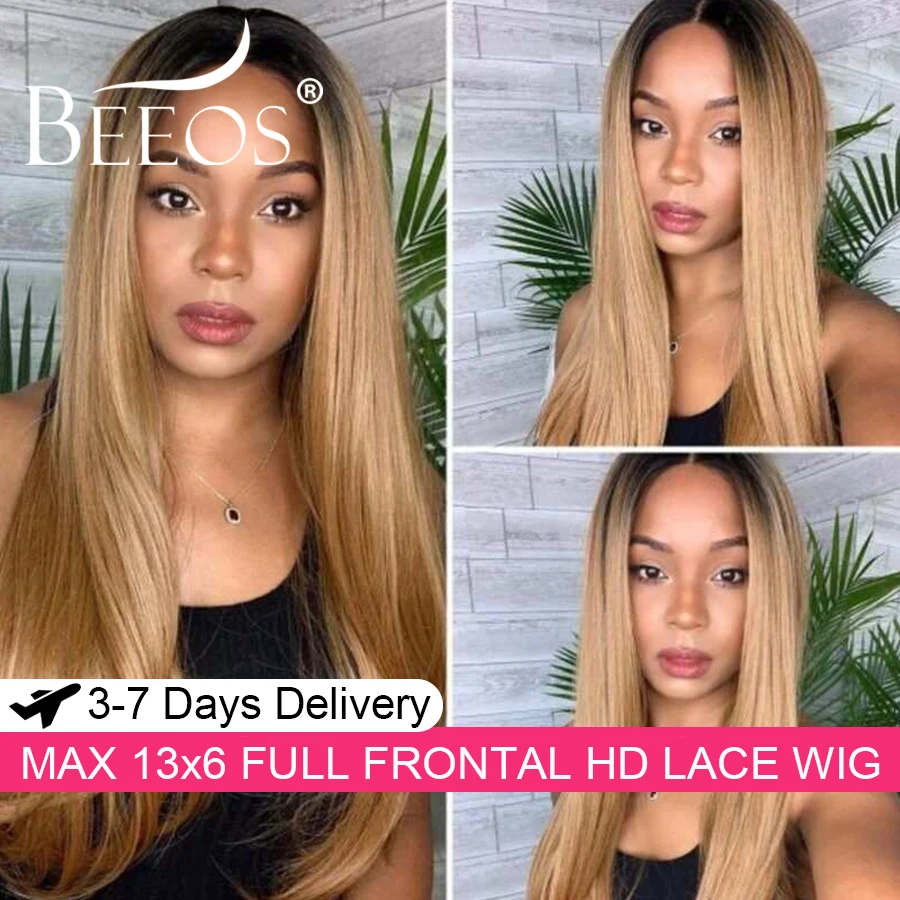 

Ultra Fitted 13X6 HD Transparent Lace Full Frontal Wig Ombre #1B/27 Colored Straight 100% Human Hair HD Lace Wig Brazilian Hair