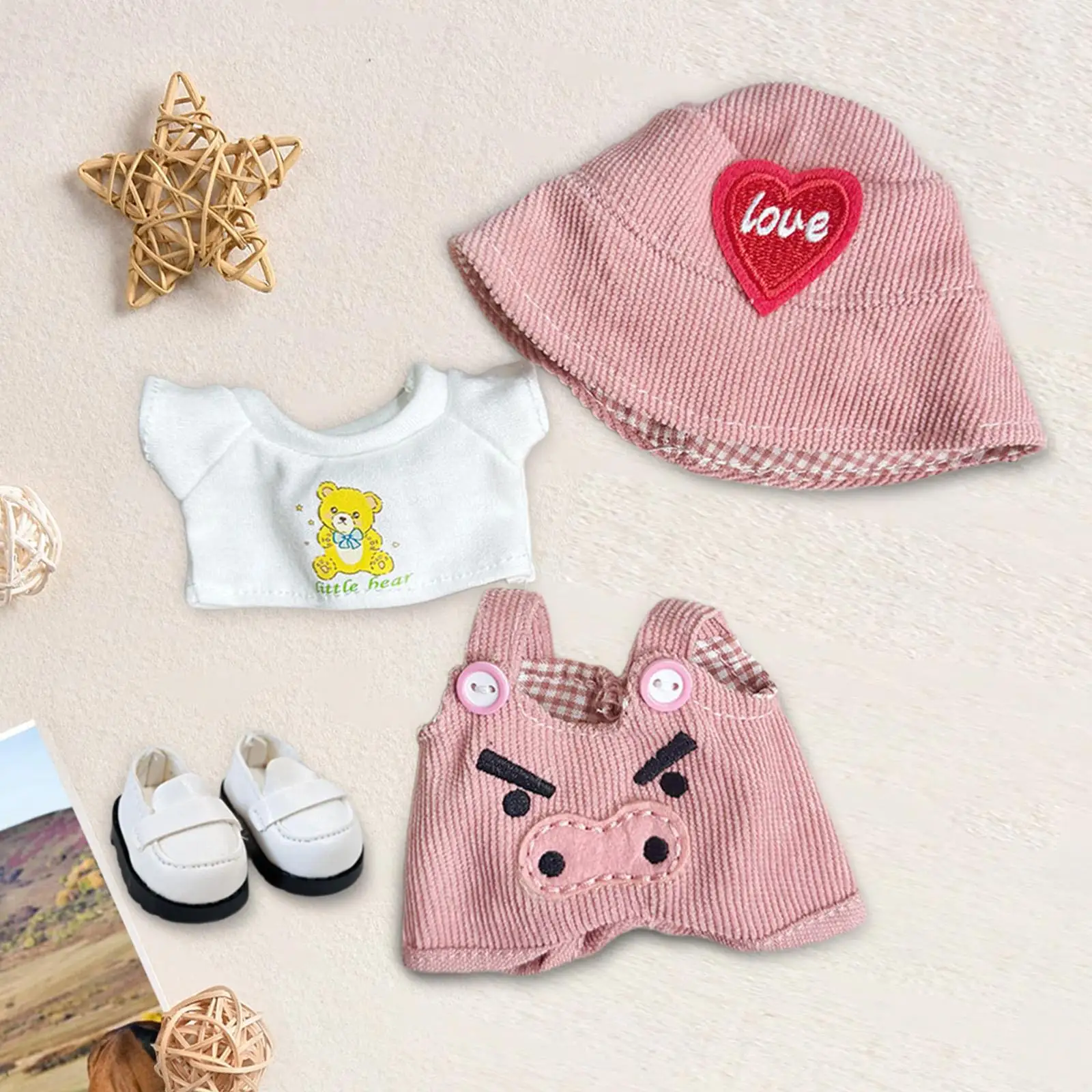 

15cm Plush Doll Clothes Cartoon A Pair of Shoes DIY Pocket Suspender Pants Comfortable Doll Pants Set Plush Doll T Shirt