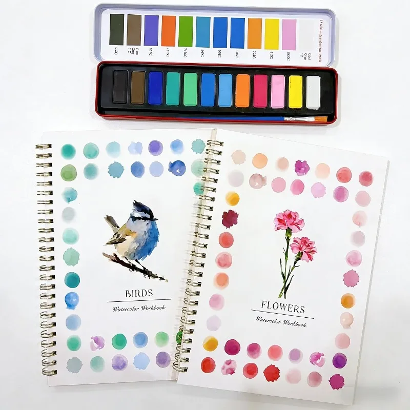 kit-de-aquarela-para-iniciantes-com-2-pecas-passaros-e-flores-12-tintas-pinceis-blocos-de-desenho-livro-pre-desenhado-e-guia-passo-a-passo-para-adultos-e-adolescentes