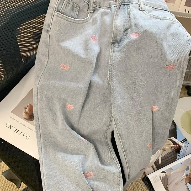 女性のためのイチゴの刺jeansジーンズ,韓国のファッション,ワイドレッグ,ゆったりとしたデニムカジュアルパンツ,原宿スタイル