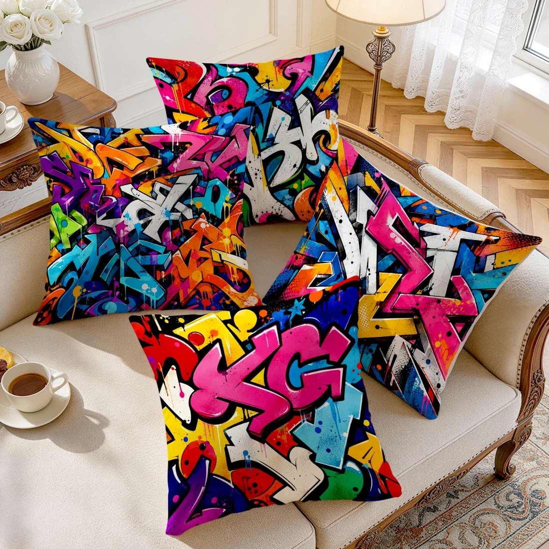 1/4pcs Colorful Street Graffiti S Cushions Pillowcase Polyester Cushion Cover Throw Pillow Pillowcover Home Car Sofa Decor