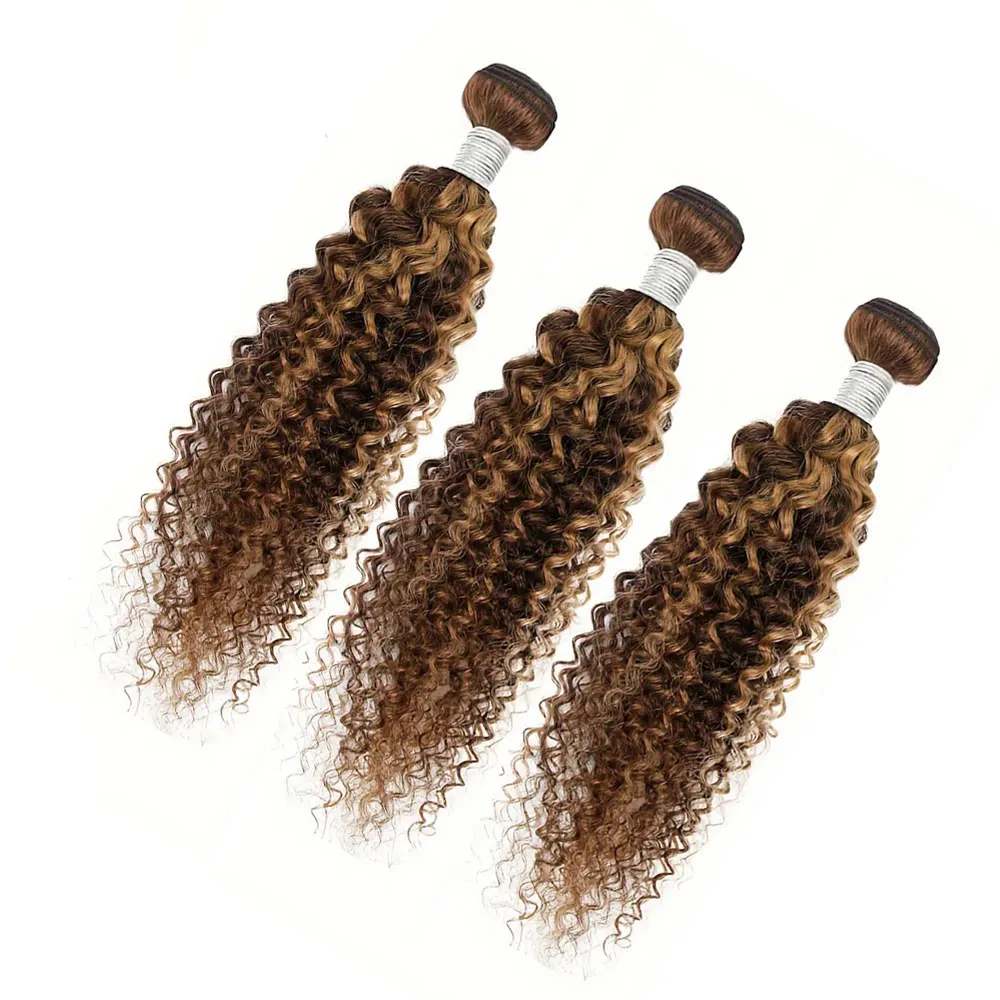 Bundles de cheveux humains bouclés crépus à reflets blonds, tissage de cheveux brésiliens, faisceaux colorés, tissage ombré, P4, 27, 30 po, 100g par pc