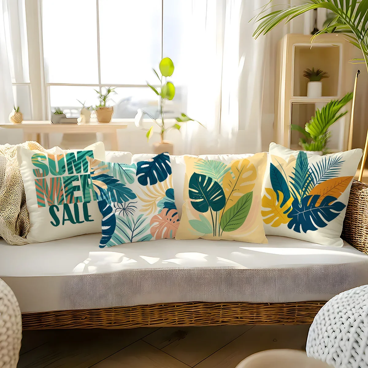 Set of 4 Throw Pillow Covers with Tropical Leaf Prints - Summer Vibes for Living Room Decor