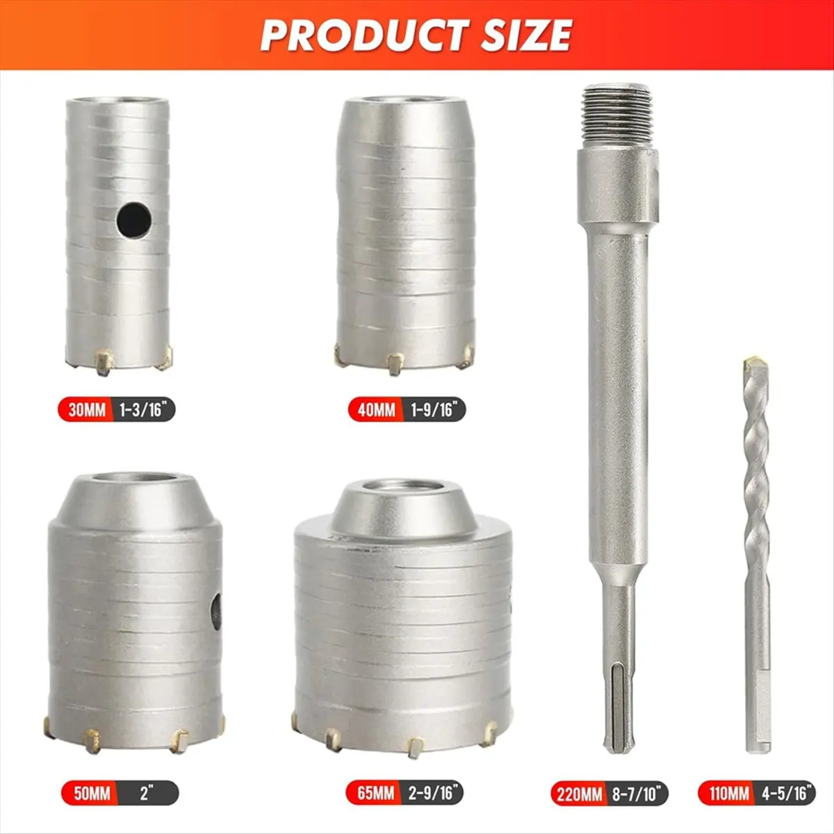 HITL Concrete Hole Saw Kit,30 40 50 65mm Hole Drill Bits for SDS Plus Hammer Drills,Circle Drill Bits Hole Saw Set for Brick