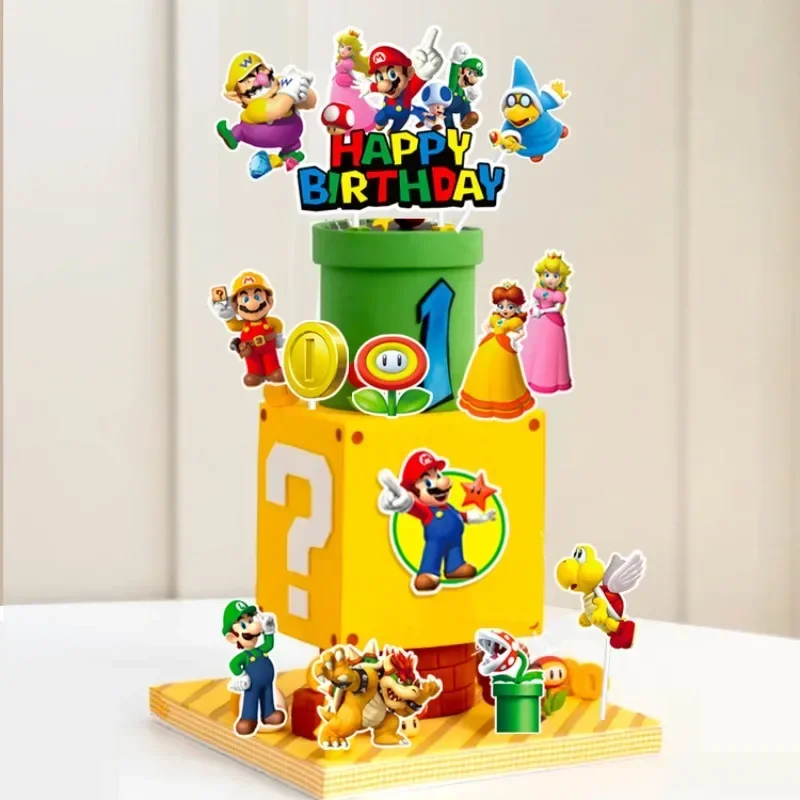 Super Mario Bros Cake Topper Anime Happy Birthday Cake Topper Flage for Kids Boy Cartoon Party Cake Decoration Supplies Gifts