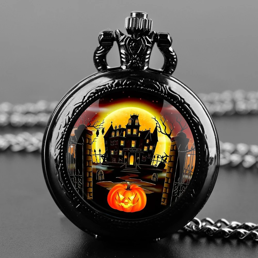 

Halloween Pumpkin Castle Glass Dome Quartz Pocket Watch With Durable Chain Arabic Numeral Dial Creative Gifts for Men Women Kids