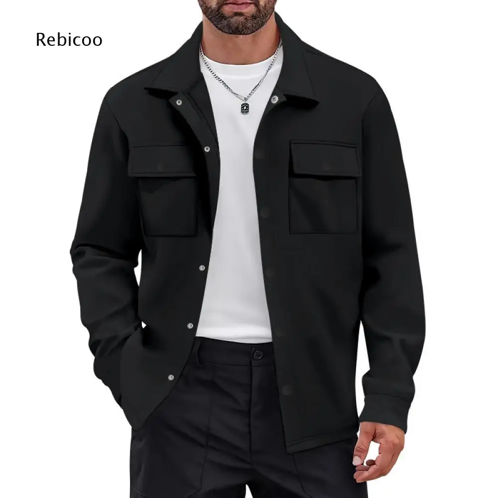 Mens Casual Lapel Shirt Jacket Button Front Closure Multi Pockets Outerwear For Autumn Winter Daily Matching And Weekend Outfits