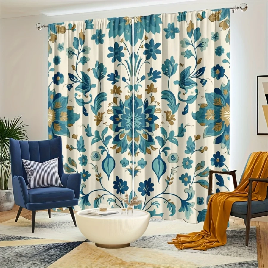 2PCS Digital Print Curtains, Blue White Twisting Vines, Classic Porcelain Style Floral Decor Traditional Chinese Pattern Drapes