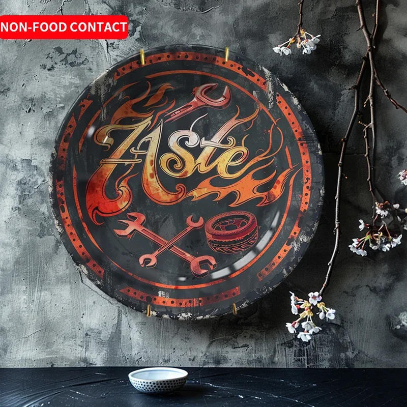 1 Flame Design Ceramic Wall Art Plate - Modern Minimalist Round Decoration with Vibrant Orange and Black Fire Pattern, Non-Food