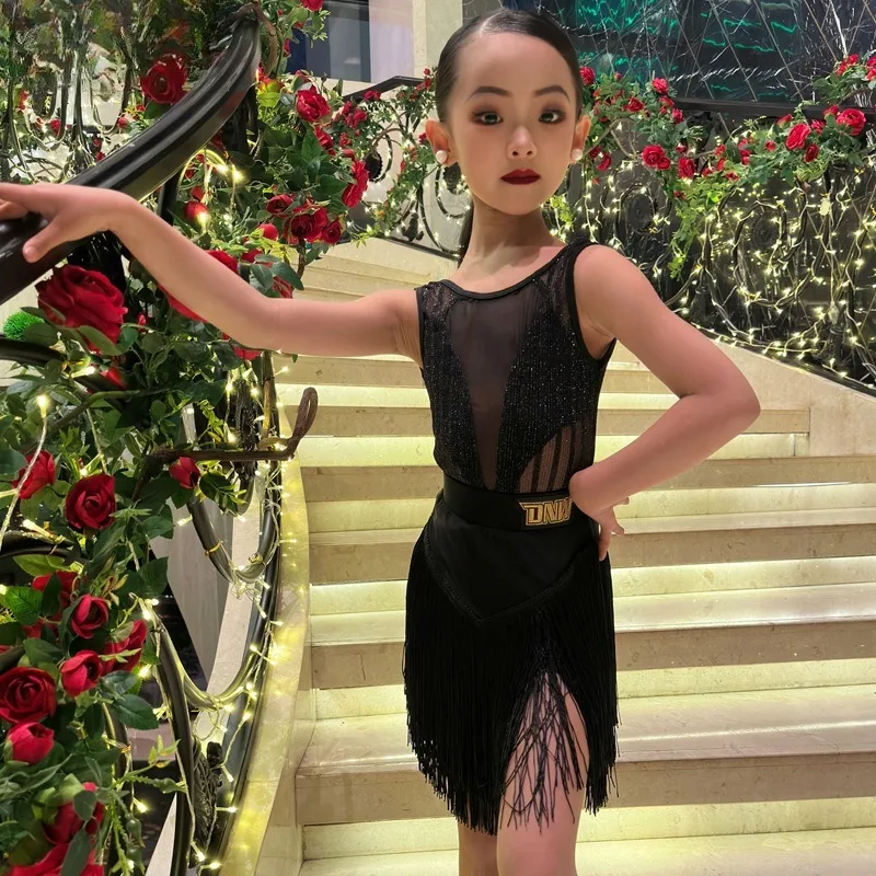 

customized practice suit set Latin dance Dress tassel performance clothes for children vestidos de danza cristiana