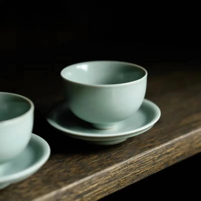 

60ml Azure Ru Kiln Porcelain Teacup Handmade Tea Bowl Cup Saucer Kit Tea-tasting Meditation Cup Jianzhan Master Cups Teaset