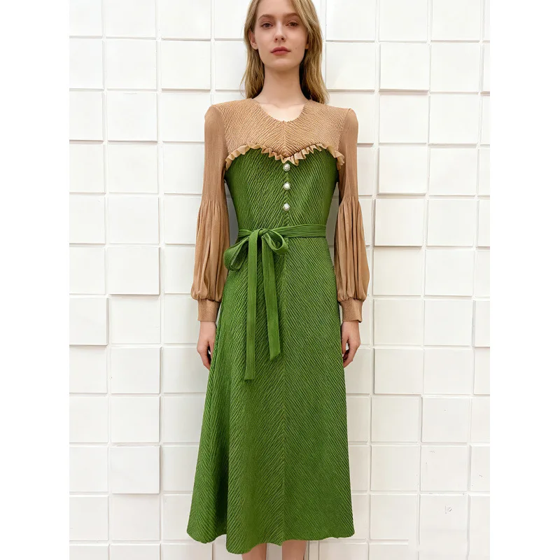 Cintura alta plissada metal bule feminino dr floral impressão a linha saia longa sve cintura alta plissada dr com gravata borboleta