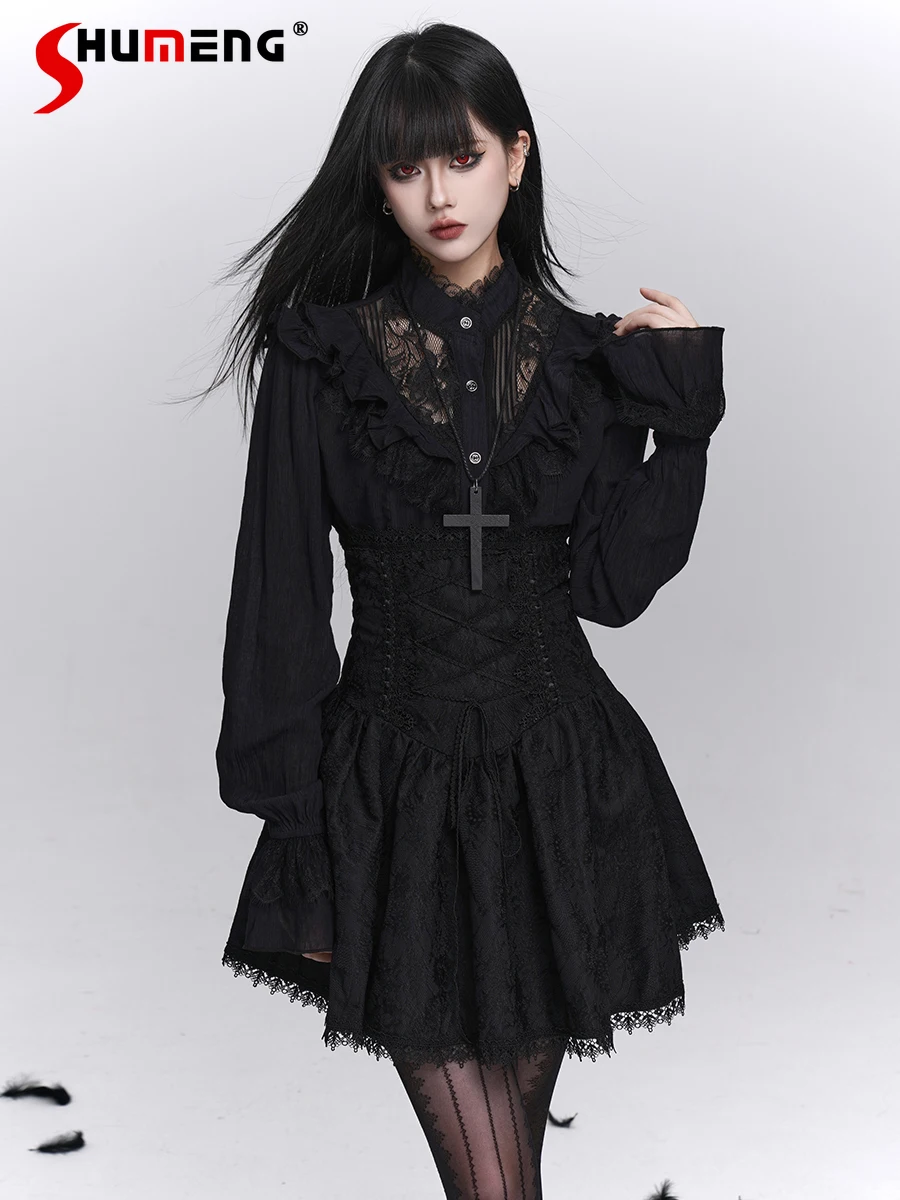 

French Elegant Retro Court Style Halloween Black Shirt Subculture Gothic Stand Collar Long Sleeve Single Breasted Blouse Women