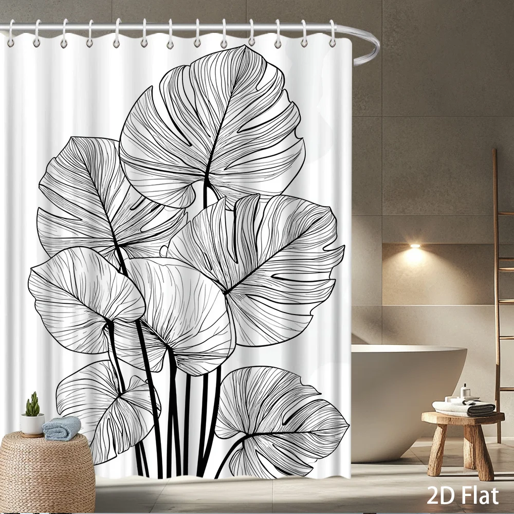 Monstera Leaf Shower Curtain – Black & White Line Art, 2D Flat Print, Waterproof Polyester, 70×70