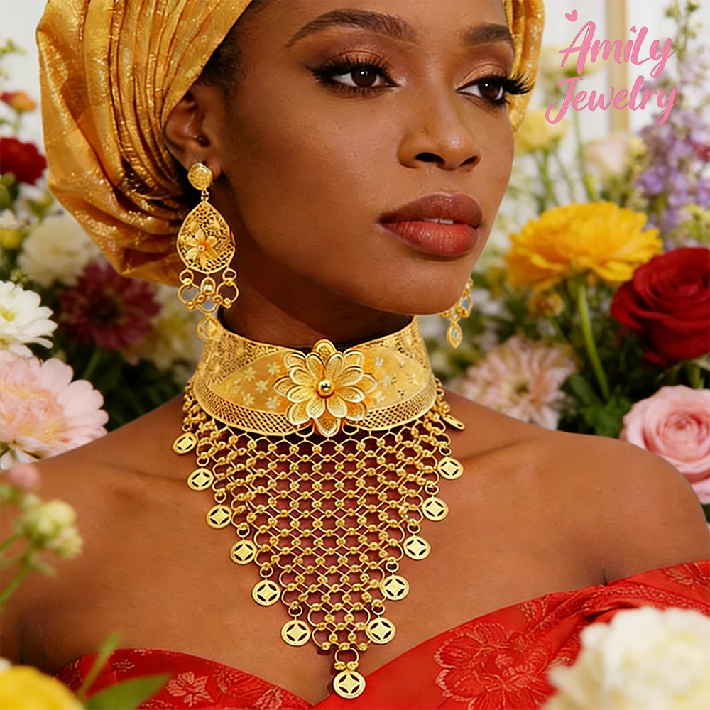 

Dubai Jewelry Flower Set Drop Earring African Luxury Earring Gold Color Set Lady Exaggerated Necklace Jewelry Wedding Party Gift