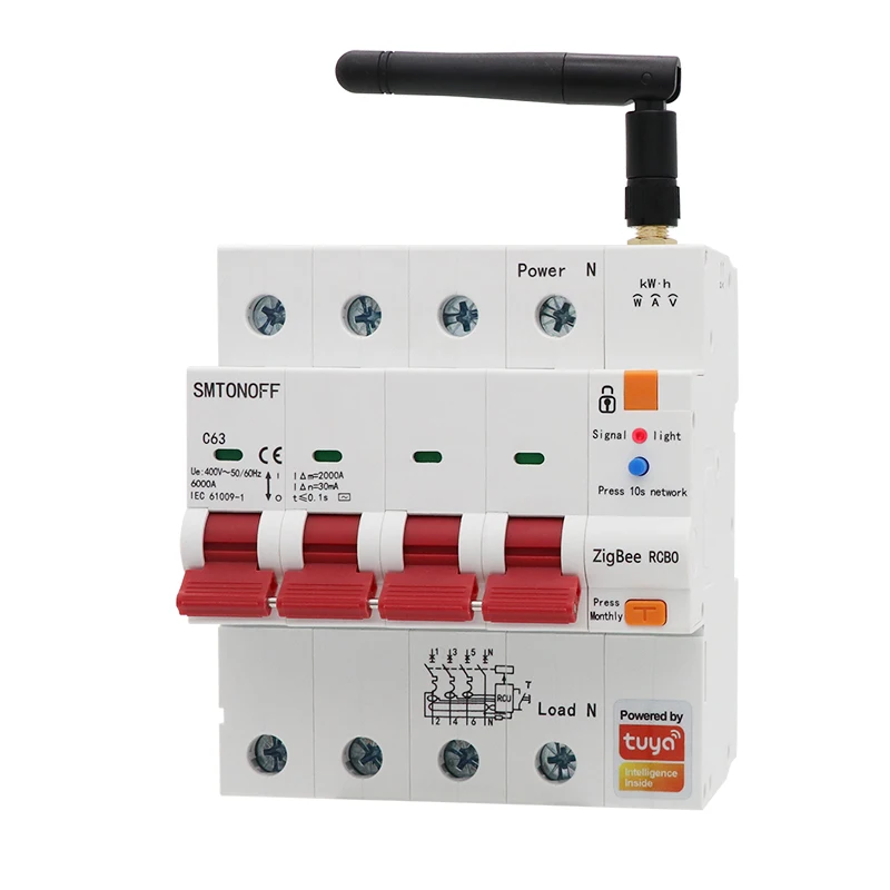 Zigbee Tuya 4P RCBO Smart Circuit Breaker Energy Meter Timer Switch Voltage Current Protector Voice Control Alexa Google Alice