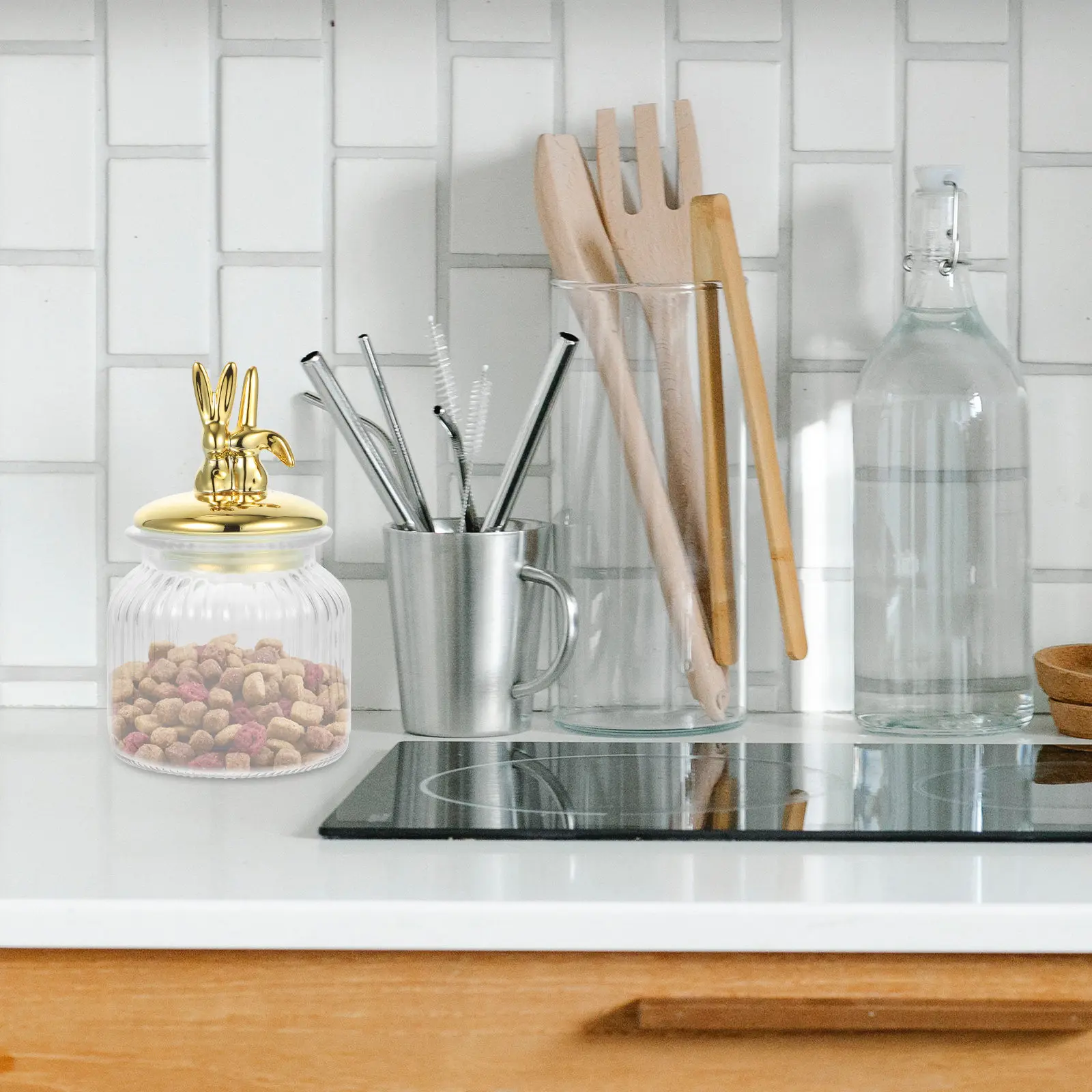 

Bunny Ear Lid Glass Storage Canister Premium Airtight Seal Large Capacity Clear Jar for Kitchen Pantry Beads Flower Tea Desktop