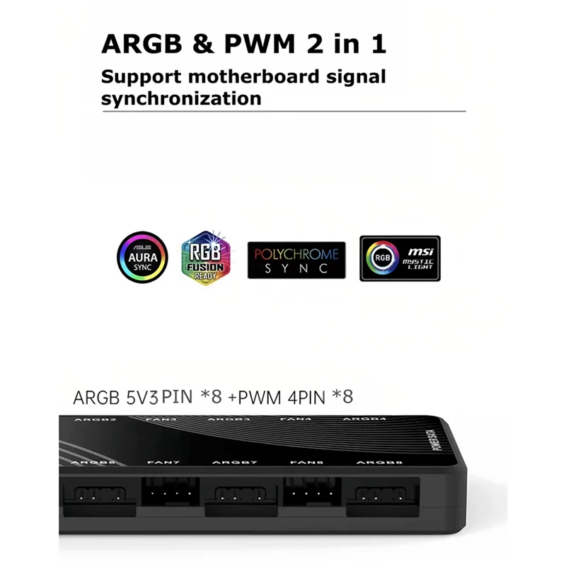 B24B Chassis Fan Light Controller 2 In 1 PWM + ARGB Hub Dual Eight-Way Splitter 8-Port Hub
