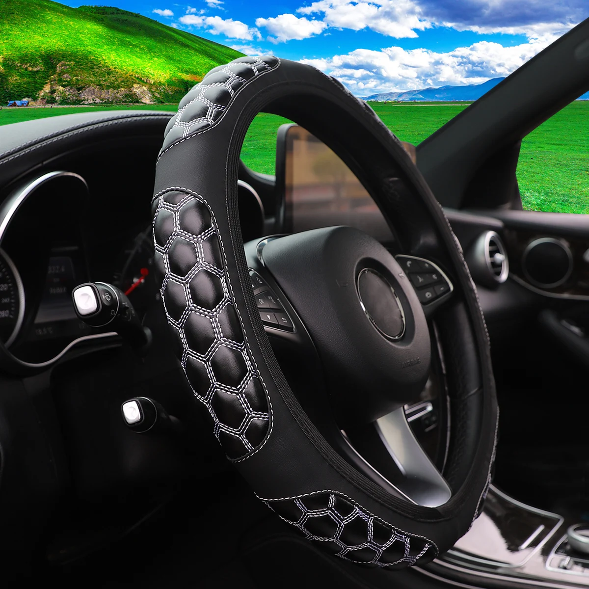 Black White Leather Hexagonal Embroidered Steering Wheel Cover Rimless Car Interior Accessory for 14-15 Inch Wheels view 5