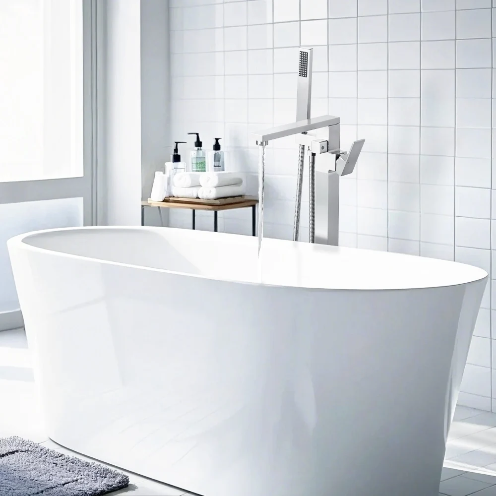High Flow Tub Filler Faucet with Handheld Shower,Free Standing Tub Faucet Brushed Nickel Floor Stand Bathtub Faucet
