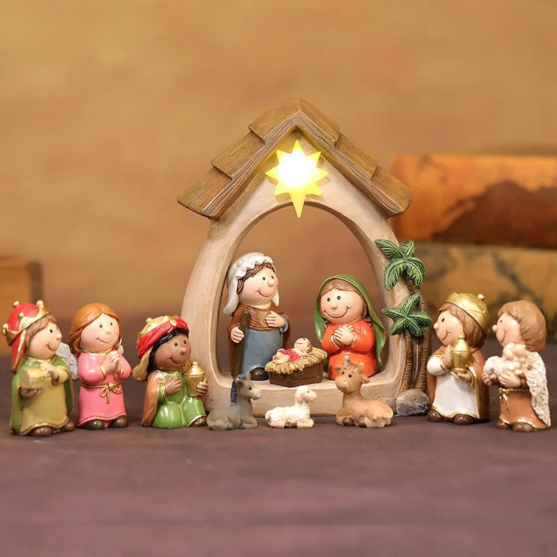 1pc natal led luz presépio conjunto dos desenhos animados manjedoura exibição figura coleção presente do feriado resina bonito personagem decoração