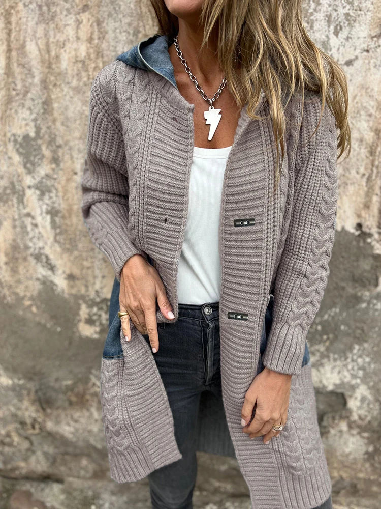 Outono inverno sólido retalhos chiques suéteres, feminino casual manga longa simples topos, com capuz todos os jogos senhoras cardigan streetwear