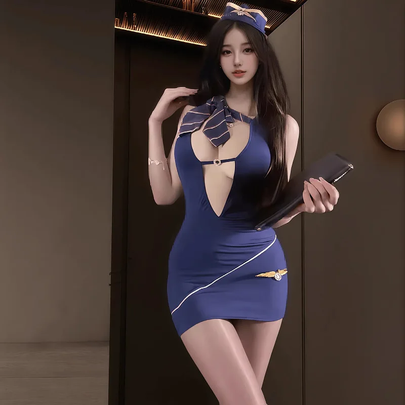 

2025 New Women Sexy Flight Airline Attendant Cosplay Lingerie Outfit Airline Stewardess Deep V Neck Bodycon Mini Dress Scarf Hat