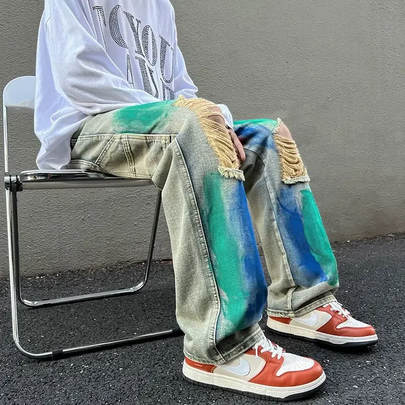 Men Clothing New Color Graffiti Hole Jeans Men's Fashion Personality American High Street Straight Loose Wide-legged Long Pants