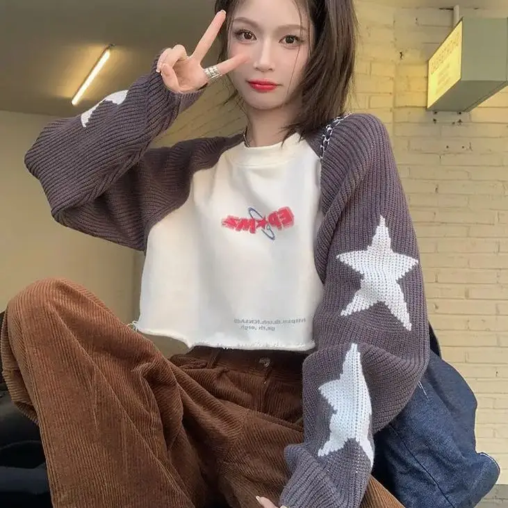 Splicing Knitted Star Sweater Women Autumn Winter 2024 New American Retro Round Neck Loose Long-Sleeved Pullover