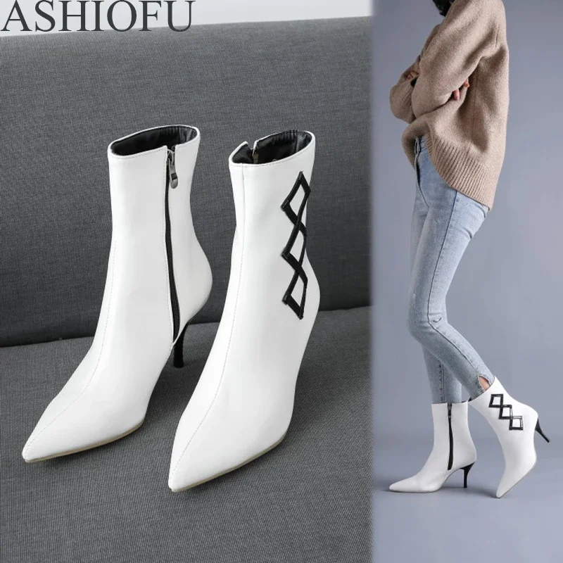 ASHIOFU New Hot Sale Womens High Heel Boots Pointed Toe Club Party Short Boots Fashion Winter Boots Large Size Daily Wear Shoes