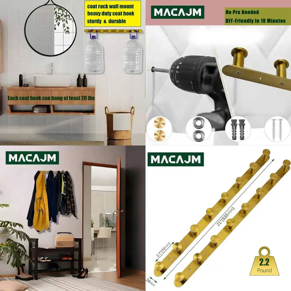 

Настенная вешалка для одежды из нержавеющей стали 304, 2 штуки с 8 крючками, компактный органайзер для дома, отделка под матовое золото
