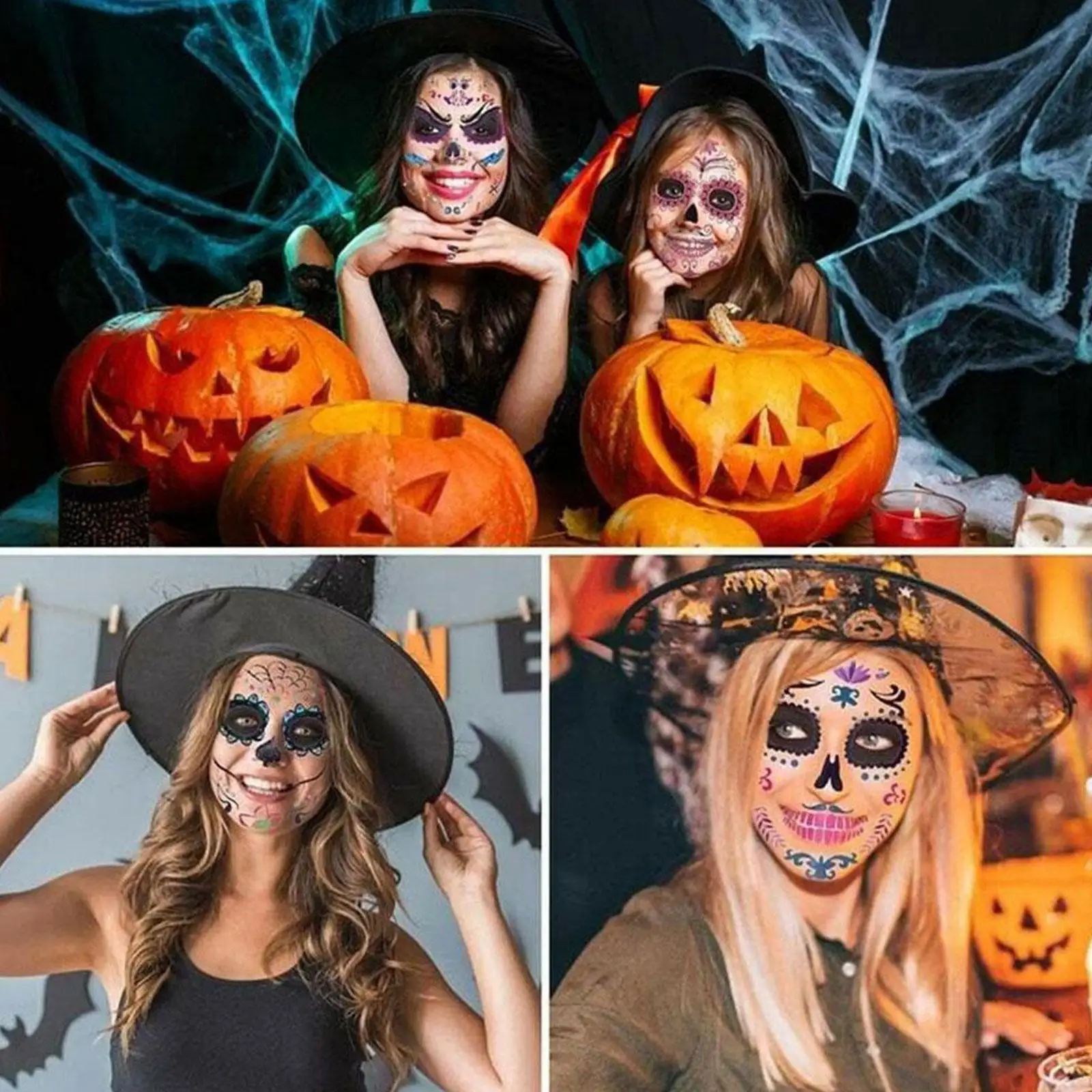 1 szt. Wodoodporne tymczasowe naklejki z tatuażami makijaż twarzy specjalna twarz śmierć czaszka ciało element ubioru na Halloween dzień zmarłych