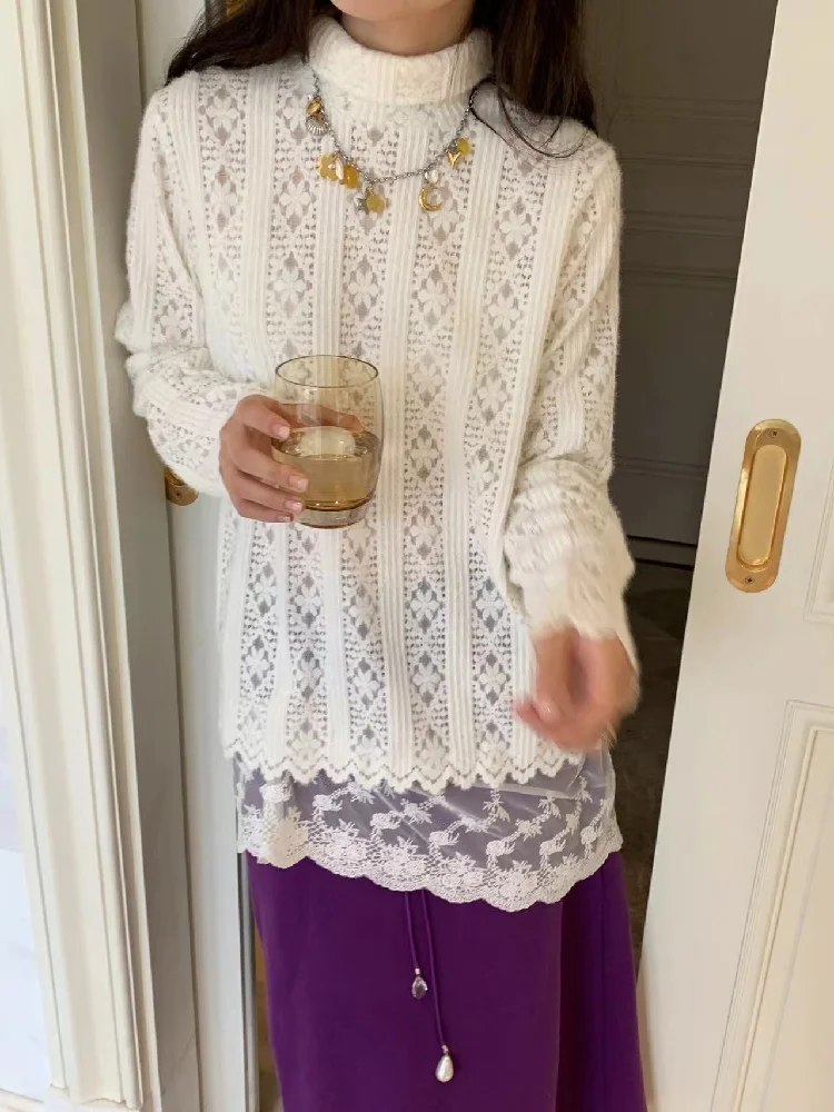 Chemisier à col roulé en dentelle à manches longues pour femmes, chemises évidées, chemisiers vintage, tempérament, mode élégante, Y-Camisas De Mujer