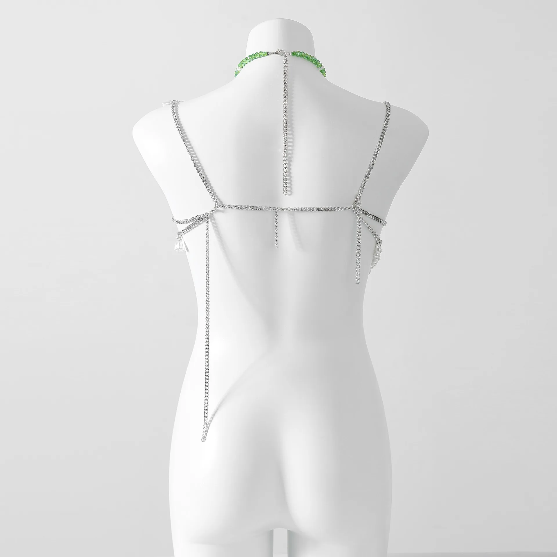 Handmade Women Beaded Tops Crystal Bra Halter Green Beaded Layered Lingerie Harness Bralette Beaded Women Vest Beachwear