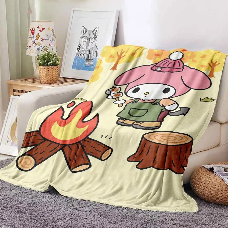 Sanrio Blanket Cozy Flannel Blanket Wall Hanging Featuring My Melody in Autumn Forest, Pink Hat Green Overalls, Toasting view 3