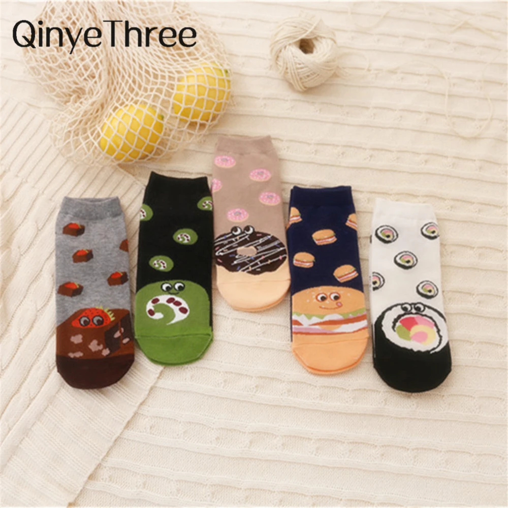 INS New Spring Summer Womens Funny Happy Expression Cartoon Food Donuts Burger Sushi Cake Series Short Ankle Socks Dropship