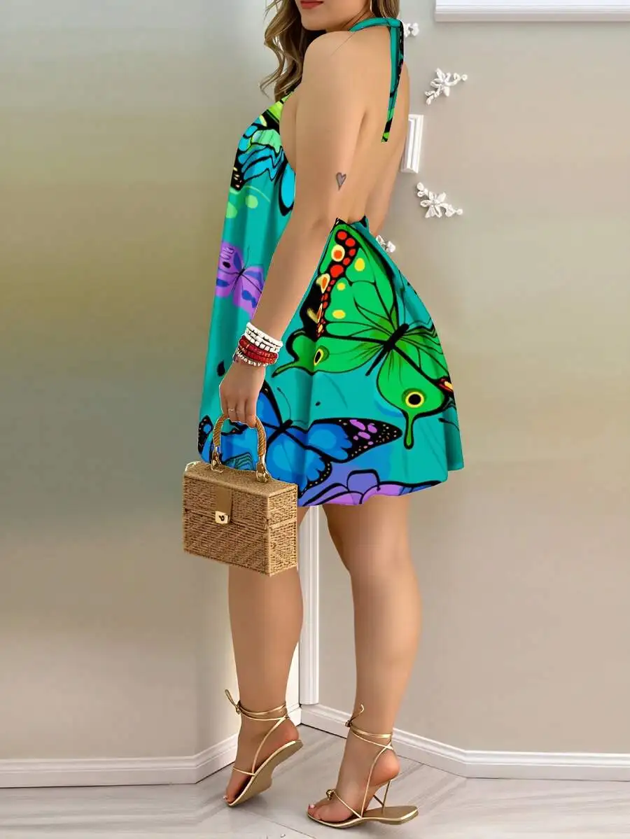 

Butterfly Print Halter Neck Backless Mini Dress Women Summer Beach Casual Dress