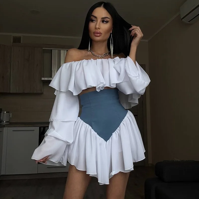 

Women's clothing 2025 summer new high-waist blue spliced ​​irregular ruffled short skirt club clothing Vestidos