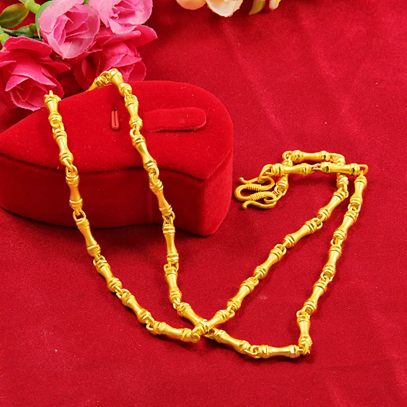 24k Yellow Gold Bamboo Necklace Chain for Men Classical 60cm Snake Bone Necklaces Gold Fine Jewelry Wedding Gifts