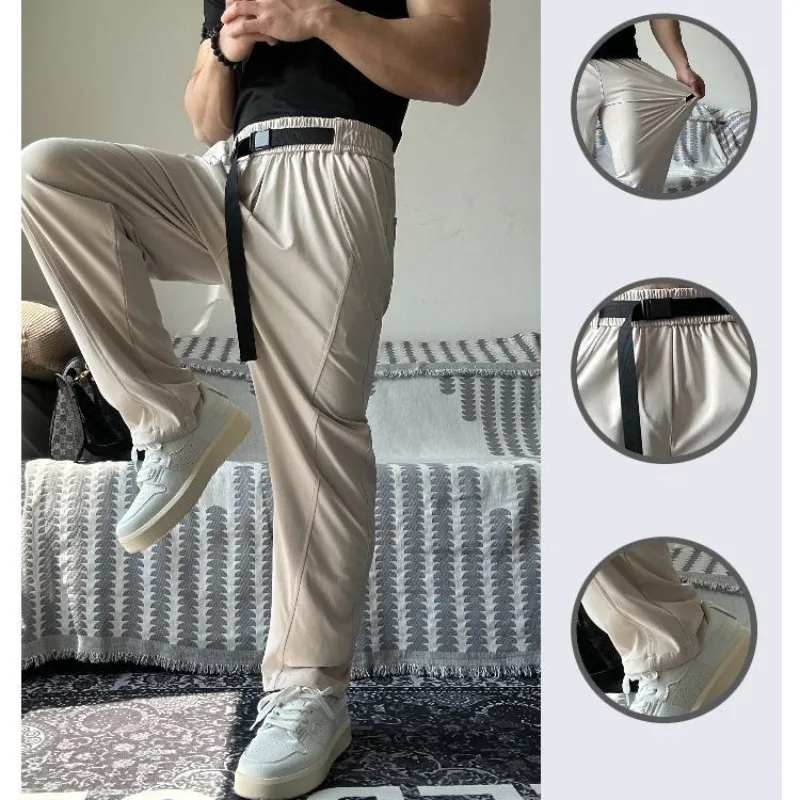 High Elasticity Thin Sports Pants Loose Fit Fitness Training Breathable Casual Belt Pants Men's Solid Ice Silk Cool Feeling