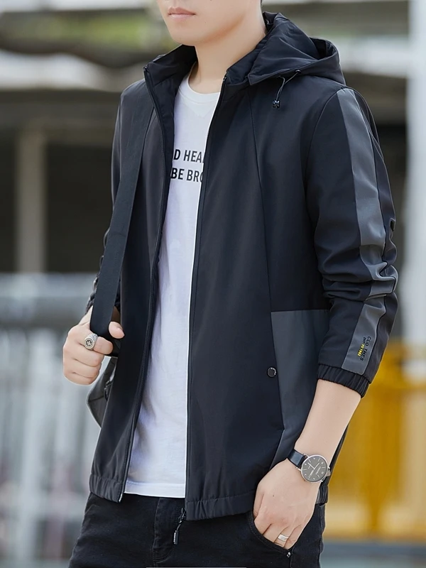 Men's Casual Hooded Jaet Spring Autumn Workwear Detachable Hat Versatile Outerwear Polyester Fiber Stand Fit Zipper Closure