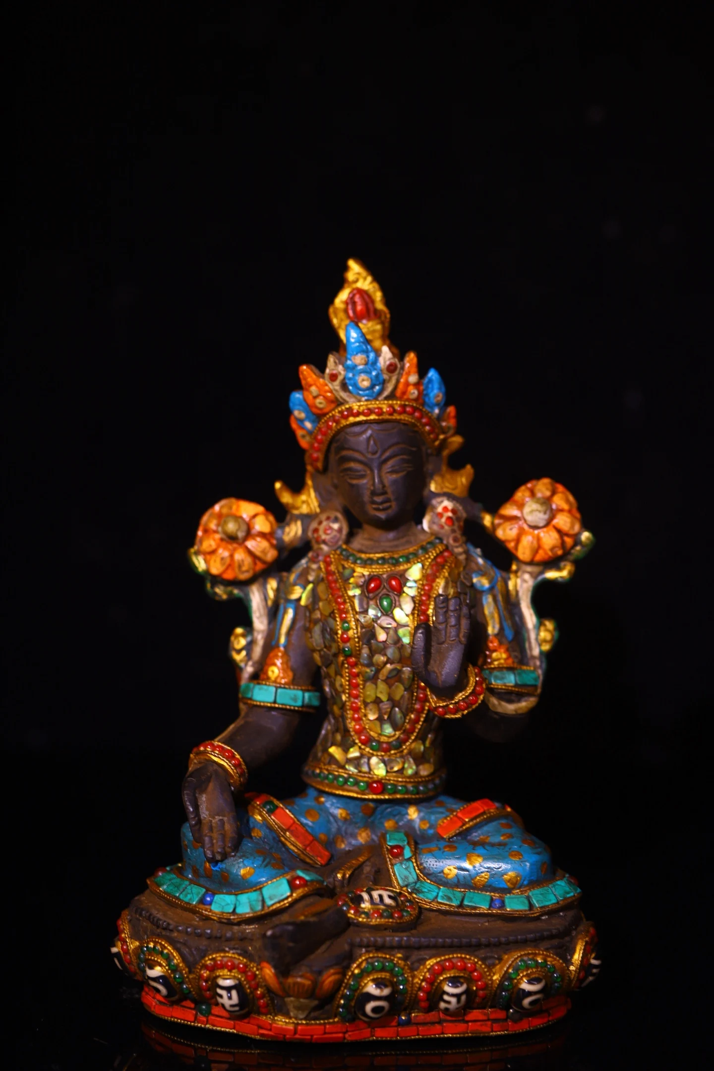 

8"Xizang Folk Collection Bronze Mosaic Gem gZi Beads Turquoise Shell Green Tara sitting Buddha Worship Hall Town house