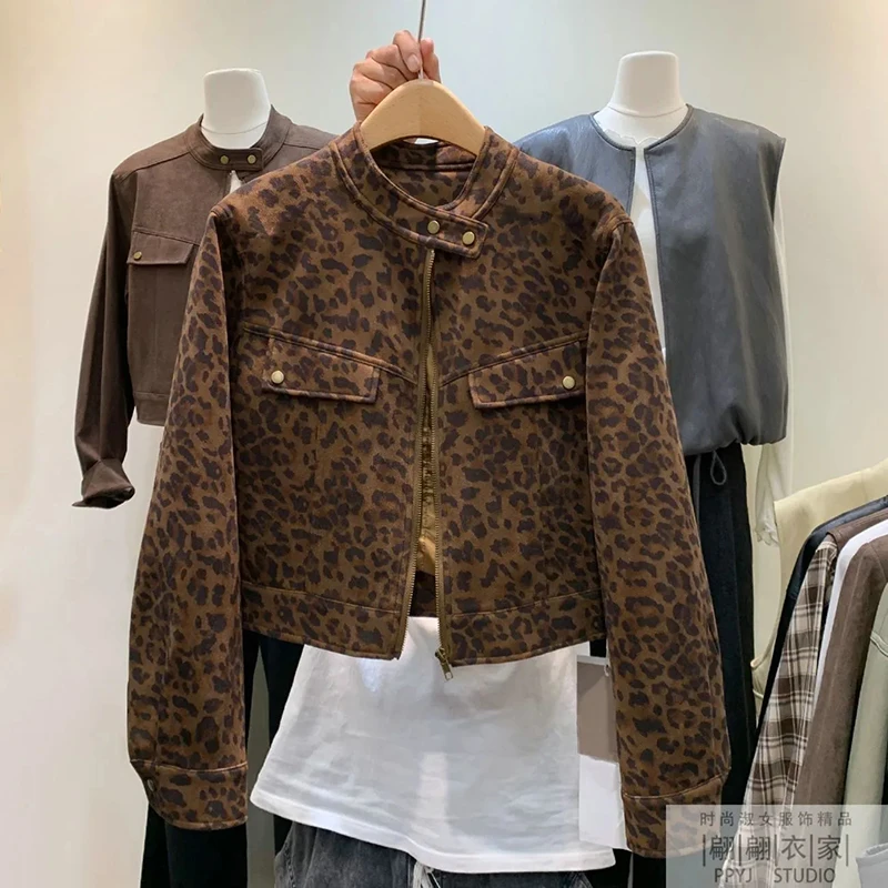 Y2K Leopard Cropped Jacket Women Hottie Streetwear Harajuku Vintage Coats Stand Collar Long Sleeve High Street Short Outwear New