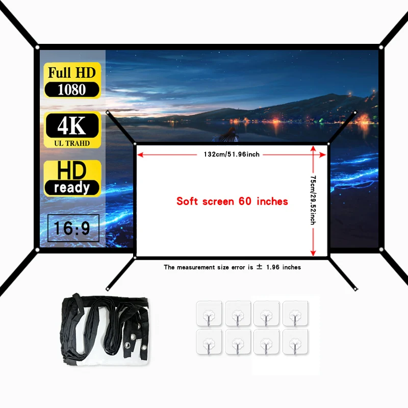 

60 inch projection screen with extended hanging holes. Extended hanging holes outdoors are better for hanging curtains.