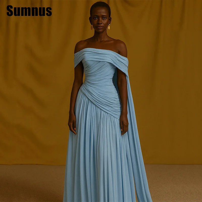 

Sumnus Elegant A-Line Blue Evening Dresses Off Shoulder Pleats Draped Formal Occasion Dresses فساتين سهرة Customized