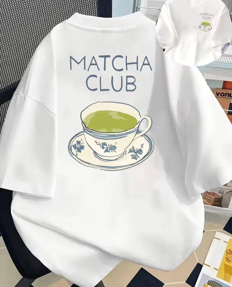 Matcha Club Tea Cup Print T-shirt Cute Aesthetic Graphic Short Sleeve Tops Men Women Casual Loose Streetwear Daily Wear Tee