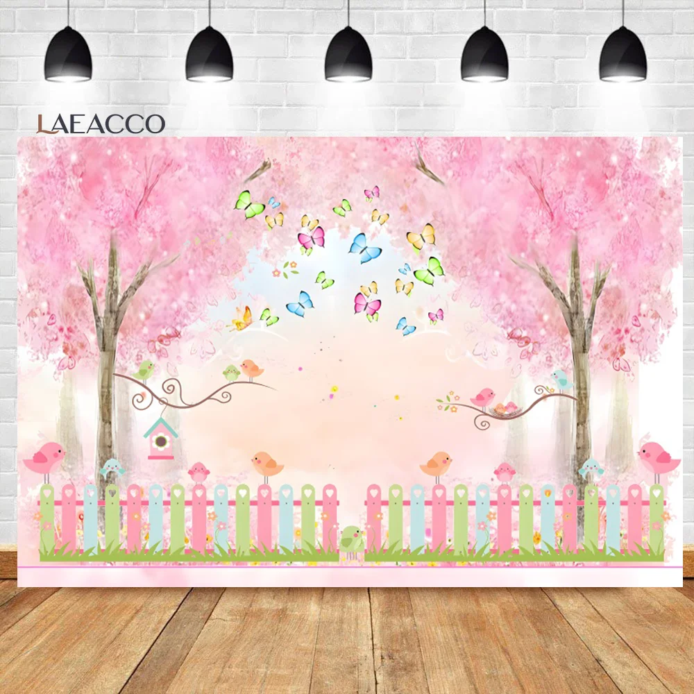 Laeacco Spring Pink Watercolor Floral Birds Butterfly Backdrop Girl Princess Birthday Portrait Customized Photography Background