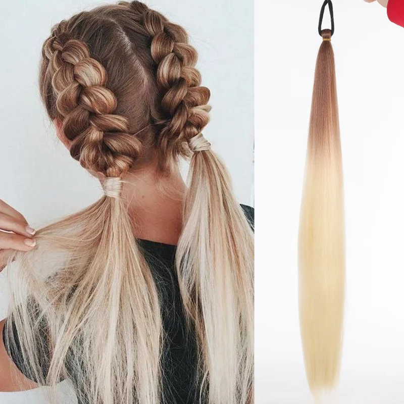 LUPU synthetische paardenstaartverlenging met elastische stropdas haarband 26" lange rechte gekleurde vlecht paardenstaart ombre roze paars blauw